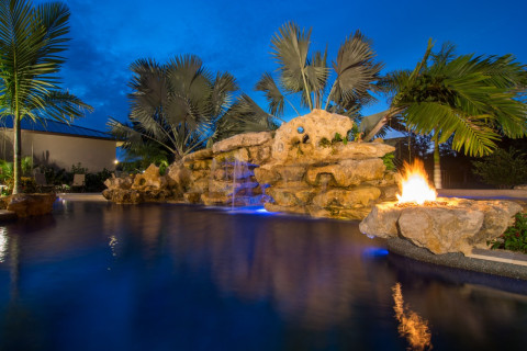 Rock lagoon pools view of the fire pit and grotto rock waterfalls pool waterfalls