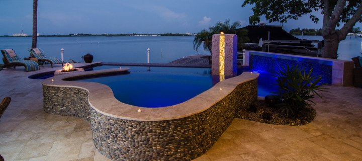 Overview of the Travertine Deck, Modern Zen Spa with Infinity edge