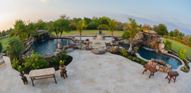 Aerial view of Outdoor Living Space with two Lagoon Pools