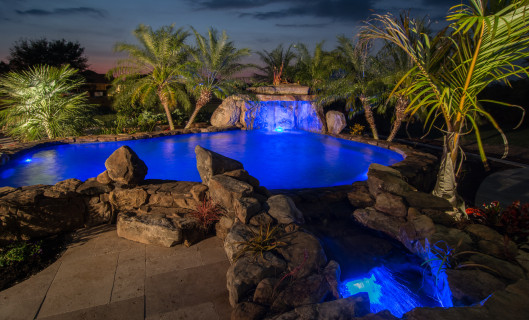 Night view of Therapy Pool and Stream
