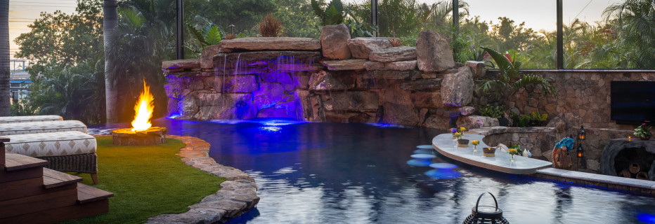 Lazy River Lucas Lagoons Pine Island fire pit and waterfall
