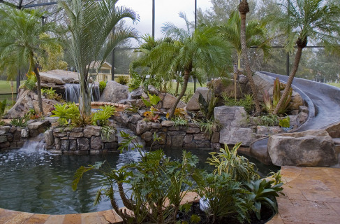 Lagoon Pool Remodel into Tropical Resort with Slide, Grotto and Stream