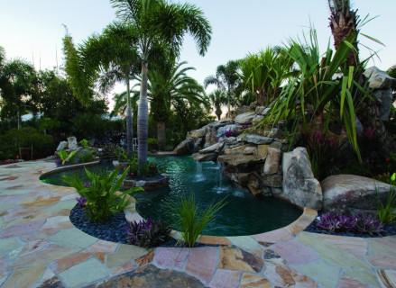 Lagoon Pool with Flagstone Deck, Spa, Grotto, Island Planters
