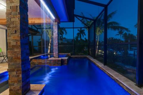 Rain curtain and modern swimming pool