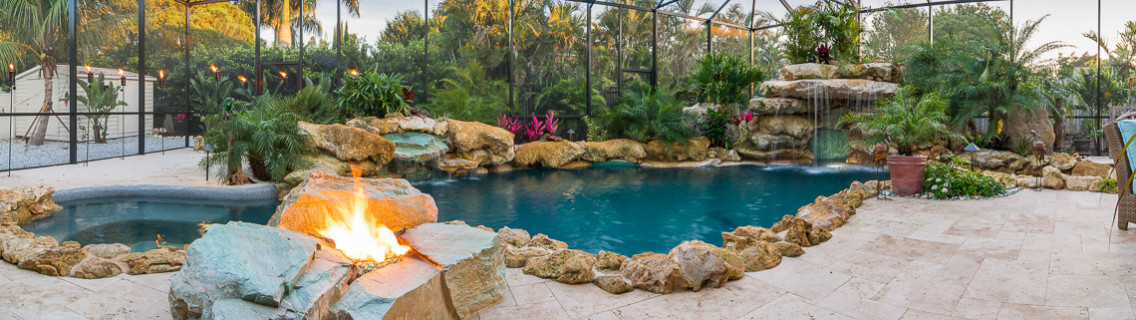 Panorama of Caribbean Limestone Pool and Fire Pit