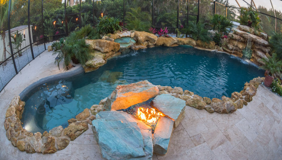 Overview of Fire pit and pool
