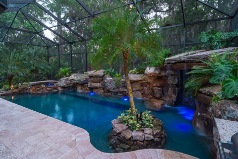 Looking back from the Kitchen over the pool to the spa