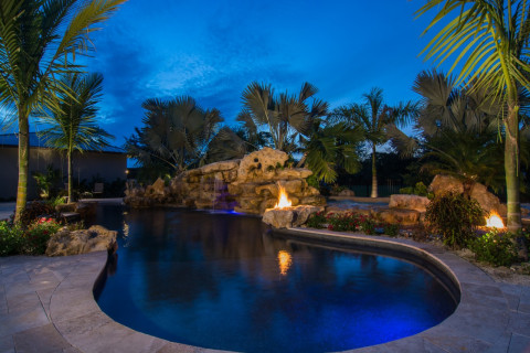 Natural Fire pits and spa pool waterfalls and stone waterfalls grotto
