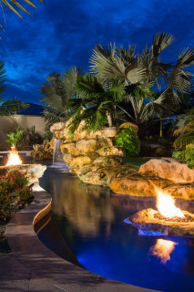 Natural pool Fire Pits Spa and stone waterfalls grotto
