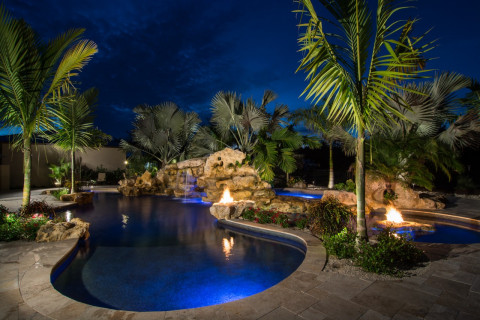 Sundeck wading area stone Fire pits and natural spa in lagoon pool