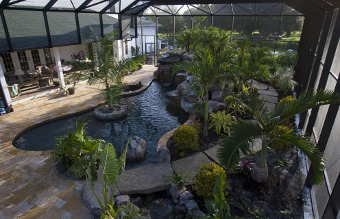 Overhead view of a natural stone lagoon pool