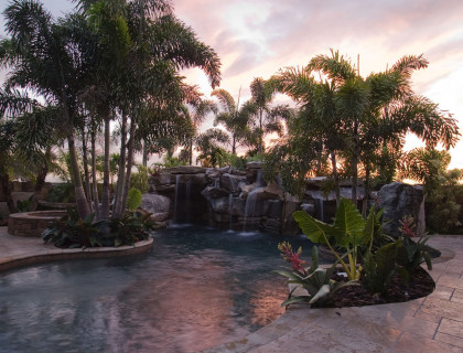 Sunset at a natural lagoon pool
