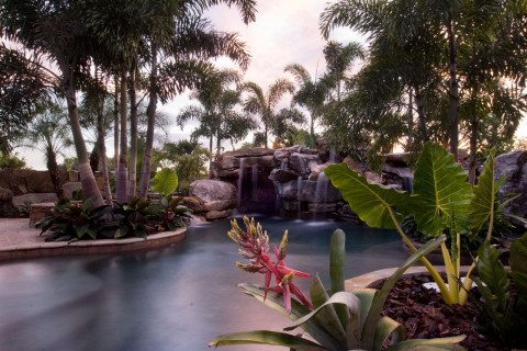 Tropical landscaping at sunset in a natural lagoon pool