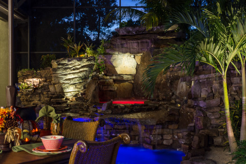 Dining area view of the waterfall and spa