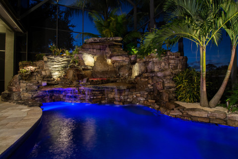 View of the spa and waterfall from the island