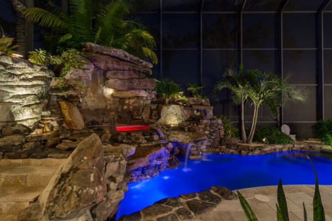Steps up to the spa under the waterfall