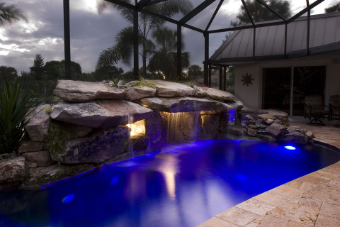 Pool Remodel with Stone Grotto Waterfall and Stone Spa underwater lighting