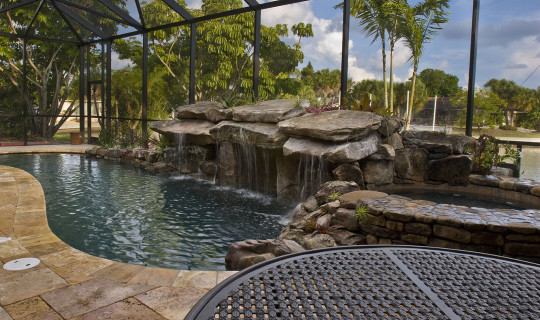 Pool Remodel with Stone Grotto Waterfall and Stone Spa water feature
