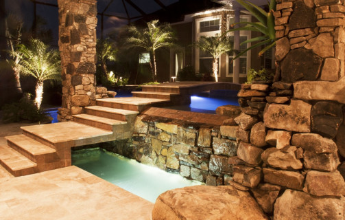 Bridge and stone walls at night